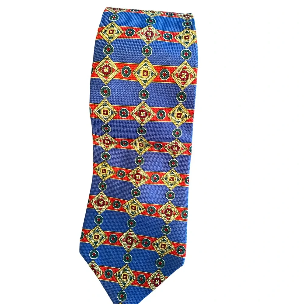 Tommy Hilfiger Mens Silk Tie Blue Red Geometric Medallion Diamond Made in‎ USA